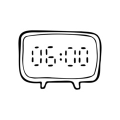 Hand drawn digital alarm clock. Vector doodle electronic watch.