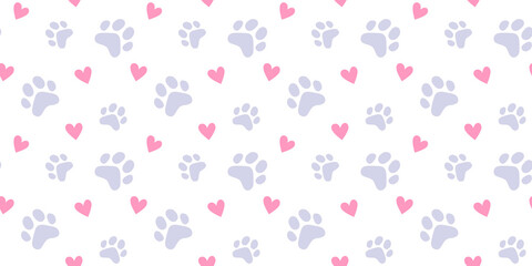 Vector illustration of animal paw print with heart on white color background. Flat style design of seamless pattern with cat paw - obrazy, fototapety, plakaty