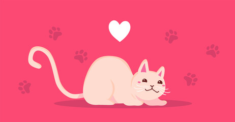 Vector illustration of happy cute cat character on pink color background with paw print and heart. Flat style design of sitting animal cat