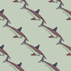 Seamless pattern shark Mako on pastel green background. Animal templates for fabric.