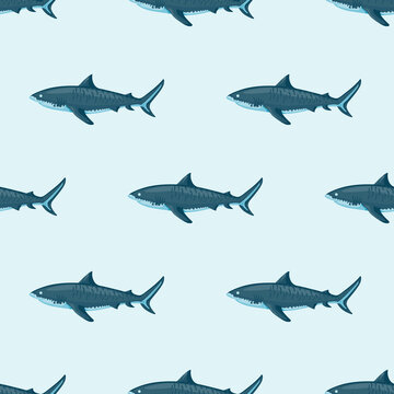 Seamless pattern Tiger shark light background. Green textured of marine fish for any purpose.