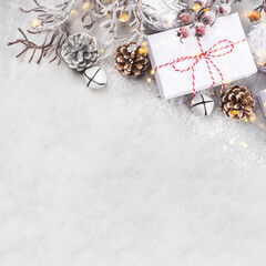 Festive Christmas background with gift boxes and Christmas decorations.