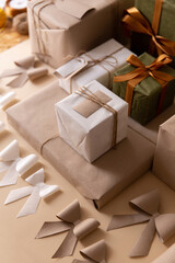 Wrapped presents and ribbons Close up