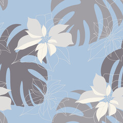 floral winter pattern of stylized palm leaves and white poinsettia flowers