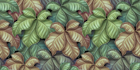 Tropical seamless pattern. Vintage background, texture. Green fresh leaves, jungle, hawaii. Hand-drawn premium 3d illustration. Luxury wallpapers, mural, cloth, fabric printing, scrapbooking, posters