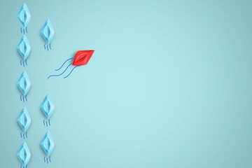 Red paper boat move out of line from blue ships in sea for leadership and different thinking idea...
