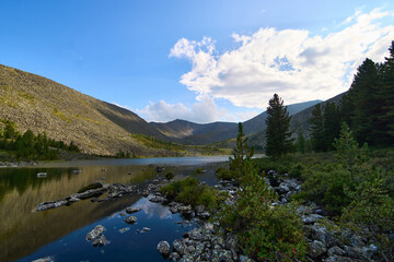 Lake between mountains on a sunny summer day.