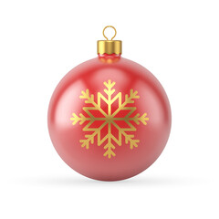 Christmas tree toy realistic vector illustration. Red New Year ball decorated by golden snowflake