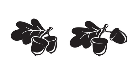 Twig with two acorns and leaf. Silhouette of oak sprig. Black hand drawn vector on white background. Simple botanical illustration, isolated element © akininam