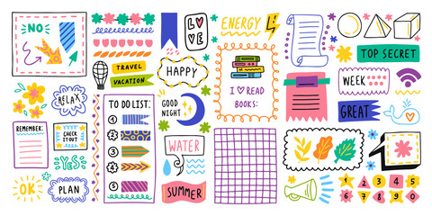 Big set. Diary bullet cute journal border elements. Note icon, sticker for school. Vector illustration - obrazy, fototapety, plakaty