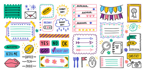 Big set. Diary bullet cute journal border elements. Note icon, sticker for school. Vector illustration