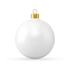 Beautiful white Christmas ball with golden loop for hanging realistic template vector illustration