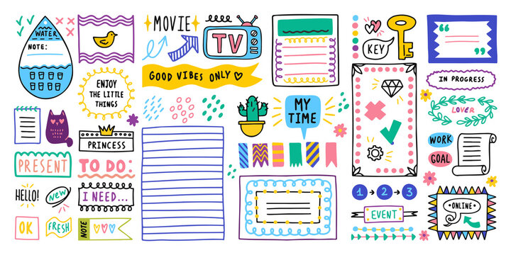 Big Set. Diary Bullet Cute Journal Border Elements. Note Icon, Sticker For School. Vector Illustration