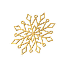 Golden glossy ornamental snowflake three dimensional realistic vector illustration