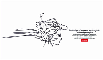 Fototapeta premium Stylish face of a woman with long hair. Card design template.Continuous line drawing of Portrait of a Beautiful Woman's face.