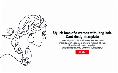 Stylish face of a woman with long hair. Card design template.Continuous line drawing of Portrait of a Beautiful Woman's face.