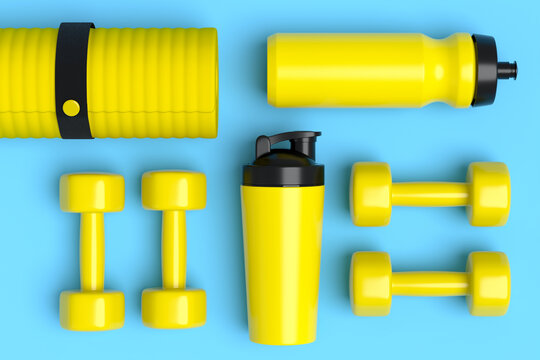 Isometric view of sport equipment like yoga mat, water bottle and dumbbell