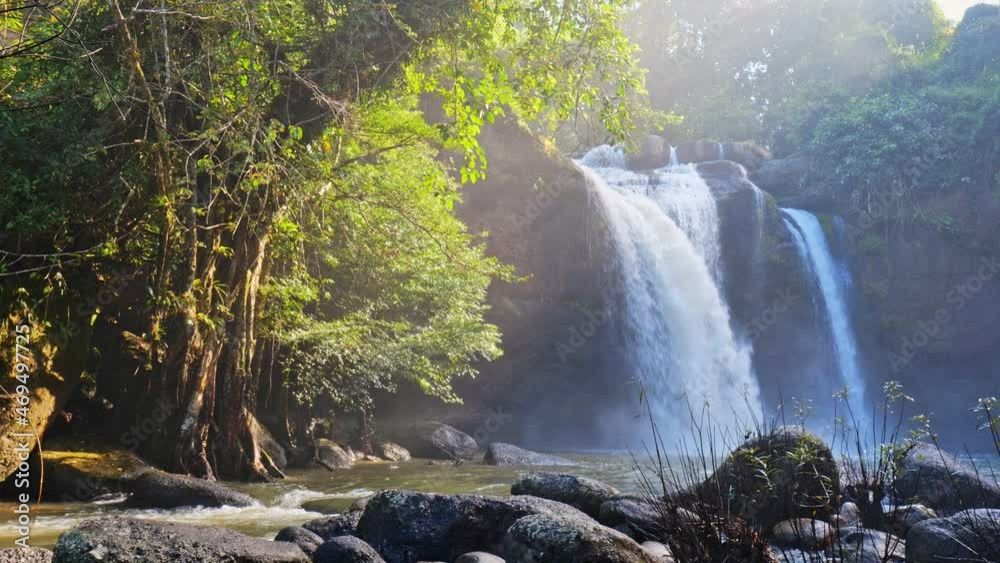 Poster Beautiful waterfall in rain forest  in Khao Yai National Park, Thailand