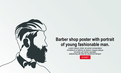 Barbershop vector barber shop poster with portrait of young fashionable man. Continuous one line drawing of man portrait. Hairstyle. Fashionable men's style