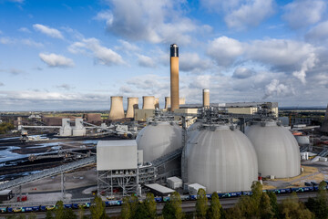 Aerial view of a coal fired Power Station Biomass fuel storage tanks with carbon capture capabilities