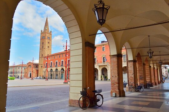 View of  Aurelio Saffi square in the historic center of the city of Forl&igrave; in Emilia Romagna, Italy