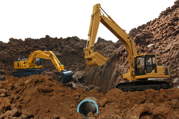 Two Crawler Excavator is digging in the construction site pipeline work on isolated white background.