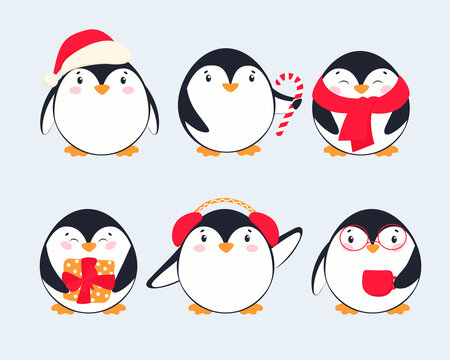 Vector set of New Year penguins isolated on white background. Penguins cartoon vector illustration. Christmas Penguin Characters.