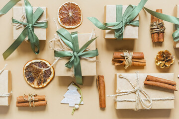 Christmas gift. gift box,zero waste, eco friendly hand made box packaging gifts in kraft paper table, eco christmas holiday concept, Christmas gift wrapping,eco decor banner