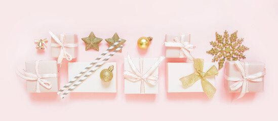 Christmas gift. gift box,zero waste, eco friendly hand made box packaging gifts in kraft paper table, eco christmas holiday concept, Christmas gift wrapping,eco decor banner