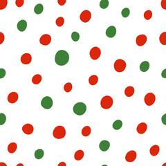 Seamless pattern with Christmas decoration. Red and green spots on white background.