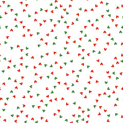 Seamless pattern with Christmas decoration. Green and red tiny heart pattern.