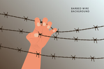 The hand squeezes the barbed wire. Silhouette of a hand and a barbed wire. Concept of loss of freedom, immigration, imprisonment, global human conflict. Poster, banner with place for text. Vector 