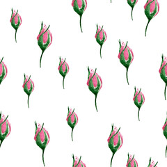 Pink rose buds watercolor seamless pattern. Template for decorating designs and illustrations.