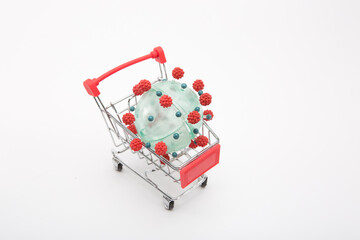 Coronavirus model in a shopping cart on a white background