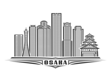 Obraz premium Vector illustration of Osaka, monochrome horizontal poster with linear design famous osaka city scape, urban line art concept with unique decorative lettering for black word osaka on white background.