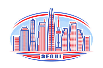 Vector illustration of Seoul, horizontal logo with linear design famous seoul city scape on day sky background, asian urban line art concept with decorative lettering for blue word seoul on white.