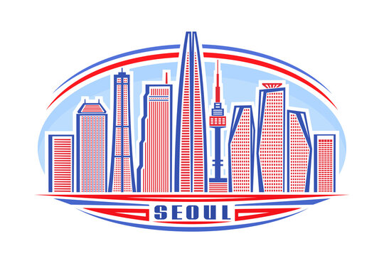recommend clip art: Vector illustration of Seoul, horizontal logo with linear design famous seoul city scape on day sky background, asian urban line art concept with decorative lettering for blue word seoul on white.