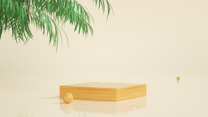 Wooden podium surrounded by wooden primitives, fashion design - 3D rendering