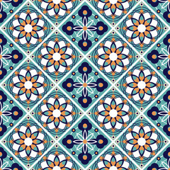 Vector seamless texture. Beautiful colored pattern for design and fashion with decorative elements. Portuguese tiles, Azulejo, Talavera Moroccan ornaments in blue and orange colors