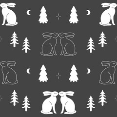 Pine trees and rabbits. Monochrome seamless pattern. Vector background.