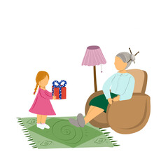 
Little girl holding a gift box in her hands. Gift for grandmother.
A girl giving a gift to her grandmother. Kindness to an elderly woman. Vector illustration, flat style