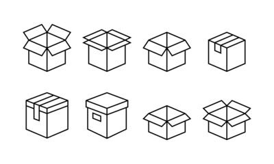 Outlined icon set of opened box. Suitable for design element of industrial object, cargo, and delivery packaging.