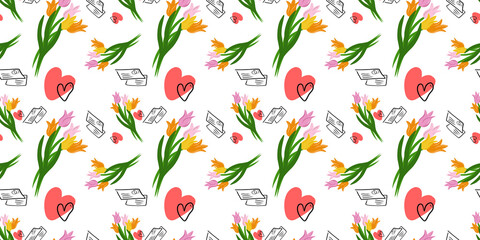 Obraz na płótnie Canvas Romantic background with hearts, flowers, postcard and letter. Seamless pattern. Valentine's Day or wedding decor. Drawn. For wallpapers, web page backgrounds, textures, textiles.