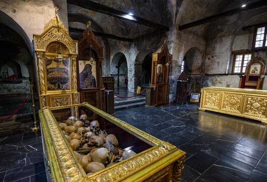 Batak, Bulgaria - 15.11.2021: Interior of the Saint Nedelya church in Batak, with the bones of the dead.