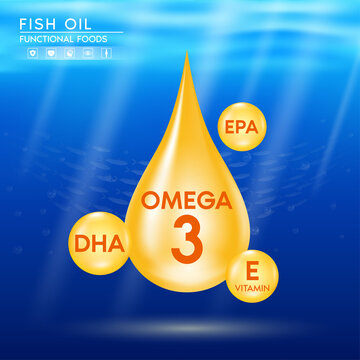 Fish oil vitamin E, omega 3 Nutrients DHA and EPA in capsule shape supplemental shining orange on ocean background. Benefits of pills mental, heart, eyes, bones health. 3D Vector.