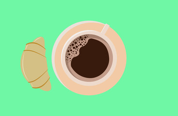 vector croissant and coffee cups. flat top view image of croissant with a cup of coffee