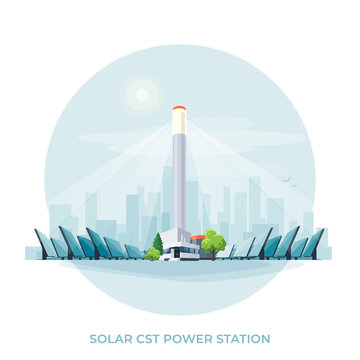 Concentrating solar thermal CST power plant station. Renewable concentrated CSP sustainable solar park energy generation with sun and city skyline. Isolated vector illustration on white background.