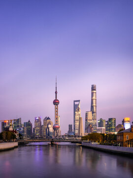 Sunset view of Lujiazui, the financial district in Shanghai, China.