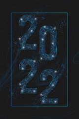Abstract isolated blue image of new year number 2022. Polygonal low poly wireframe illustration looks like stars in the blask night sky in spase or flying glass shards. Digital web, internet design. © Katsiaryna