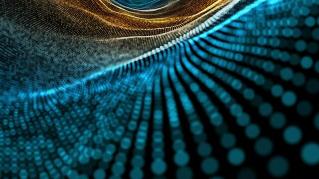 seamless Abstract digital blue and glod color wave with flowing small particles dance motion on wave and light abstract background.